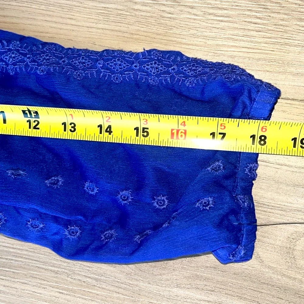 Olive & Oak Embroidered Sheer Top Blue NWOT Hi Lo Split Neck Boho Career